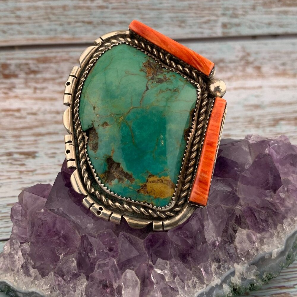 Huge Turquoise & Spiny Oyster Sterling Silver Navajo Native American Vtg Ring - Picture 9 of 11